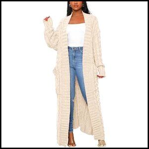 Long Sleeve Cable Knit Maxi Cardigan with Pockets Casual Outwear